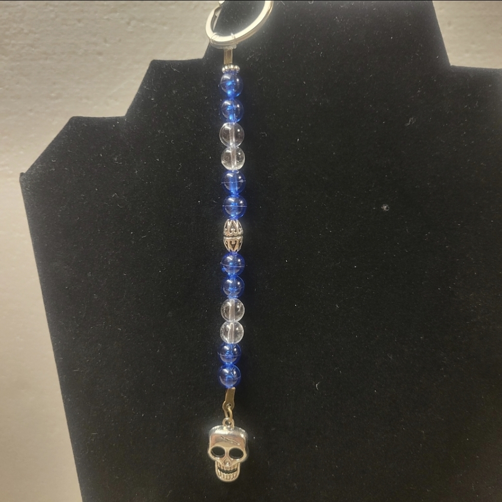 Hand Crafted Silver, Blue, and White Beaded KeyChain with Silver Skeleton